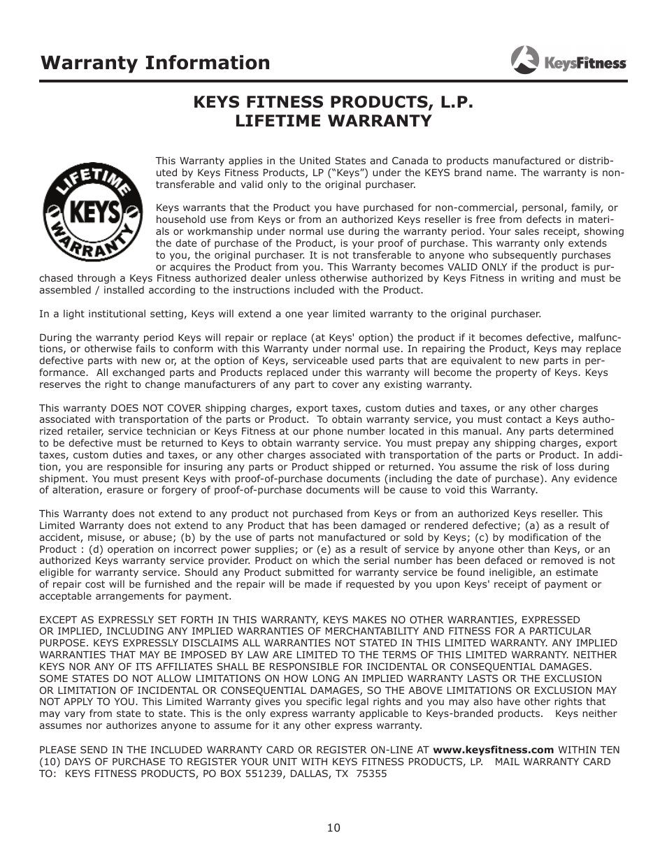 Warranty information, Keys fitness products, l.p. lifetime warranty | Keys Fitness KF-PTO User Manual | Page 10 / 11