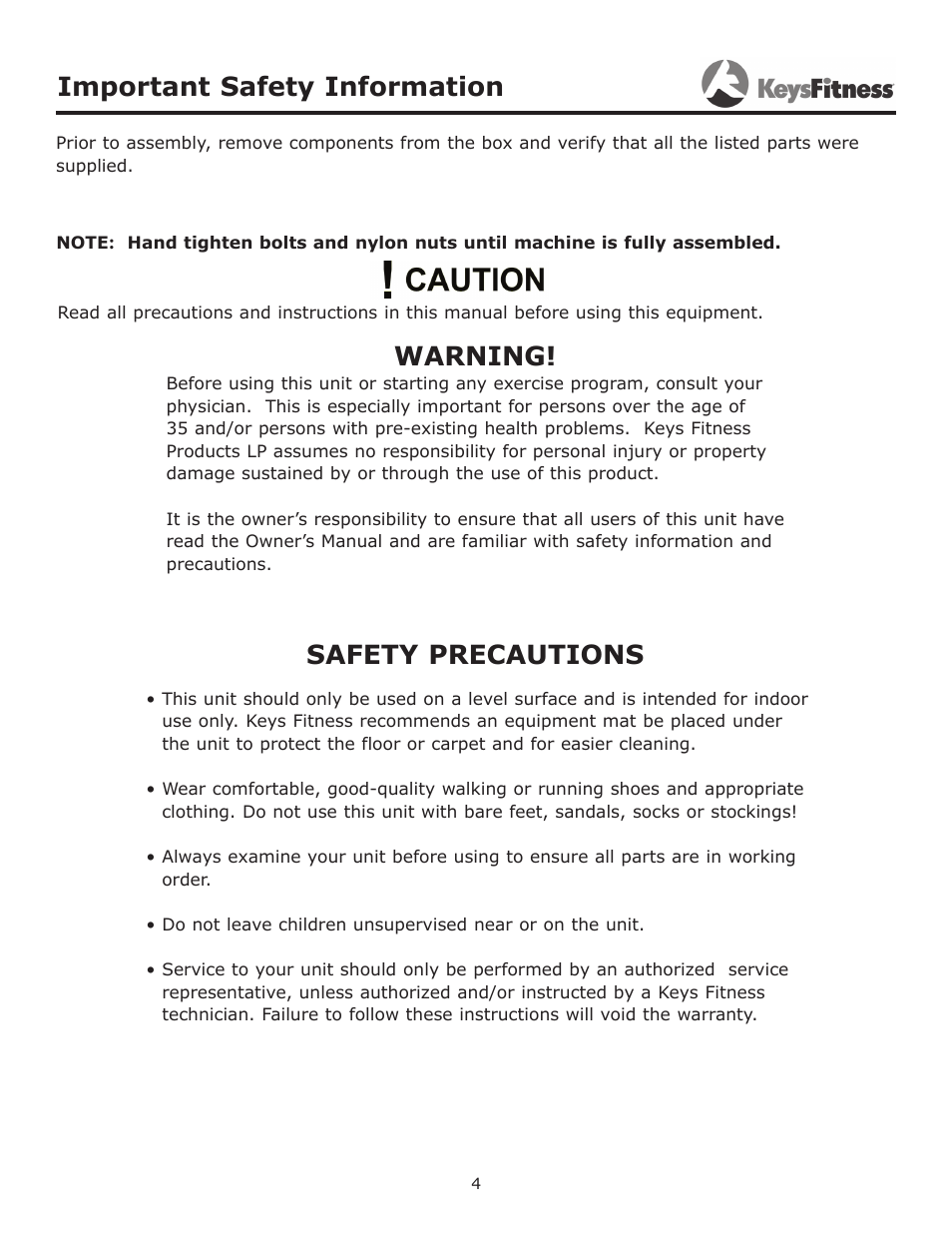 Important safety information, Warning, Safety precautions | Keys Fitness KF-PTO User Manual | Page 4 / 11