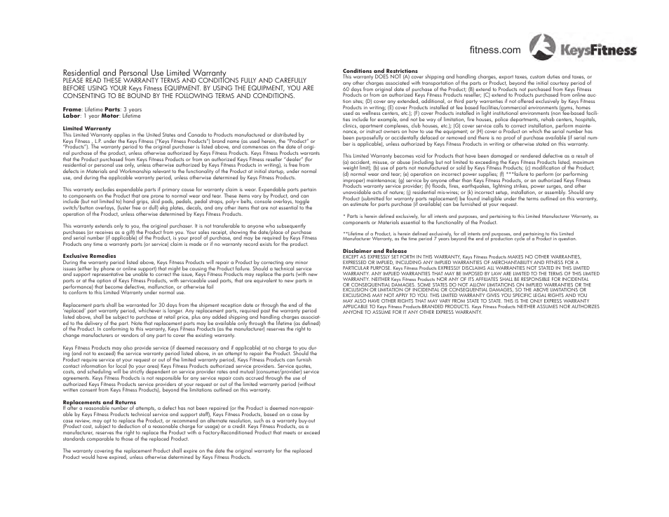 Warranty information, Residential and personal use limited warranty | Keys Fitness KF-T2-0 User Manual | Page 35 / 36