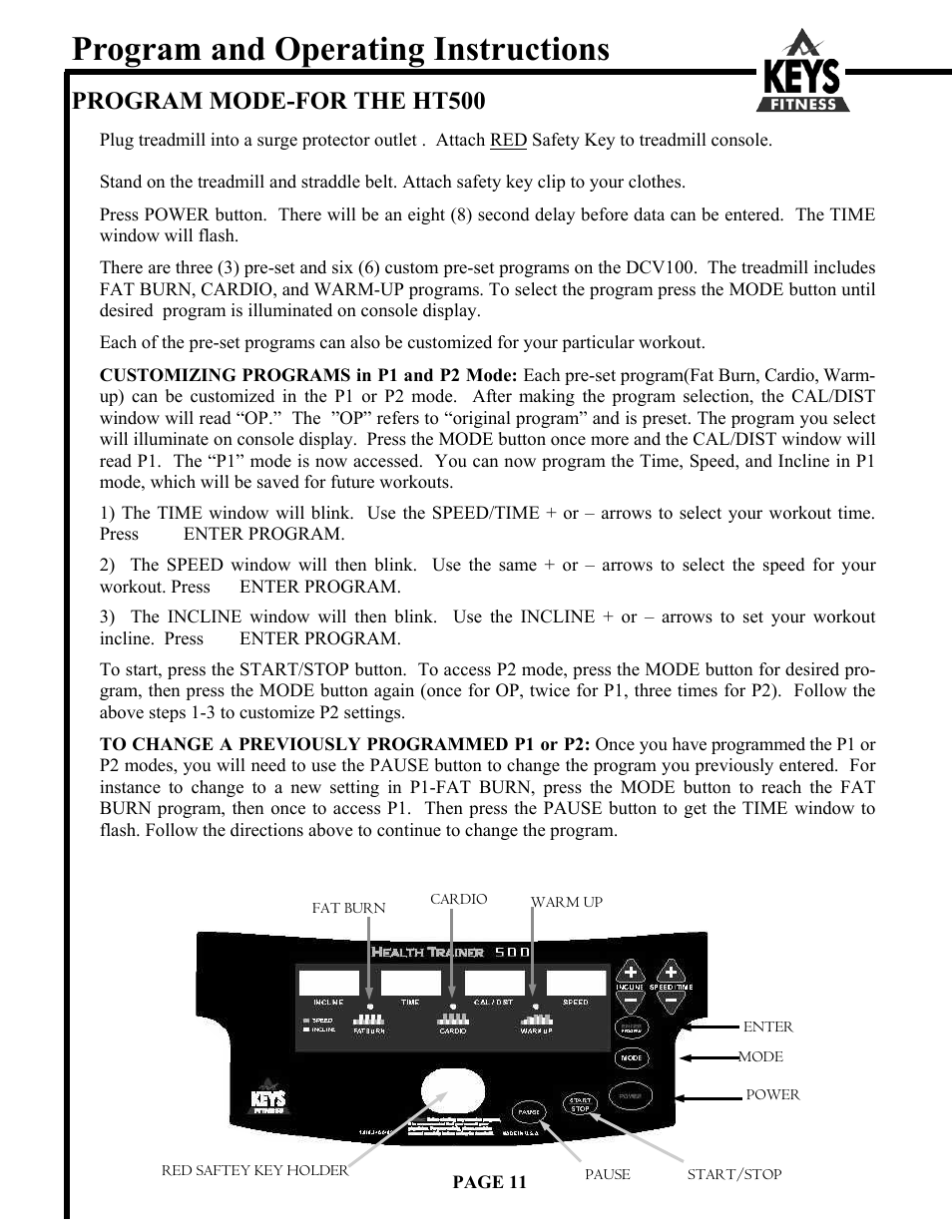 Program and operating instructions, Program mode-for the ht500 | Keys Fitness HT500 User Manual | Page 11 / 19