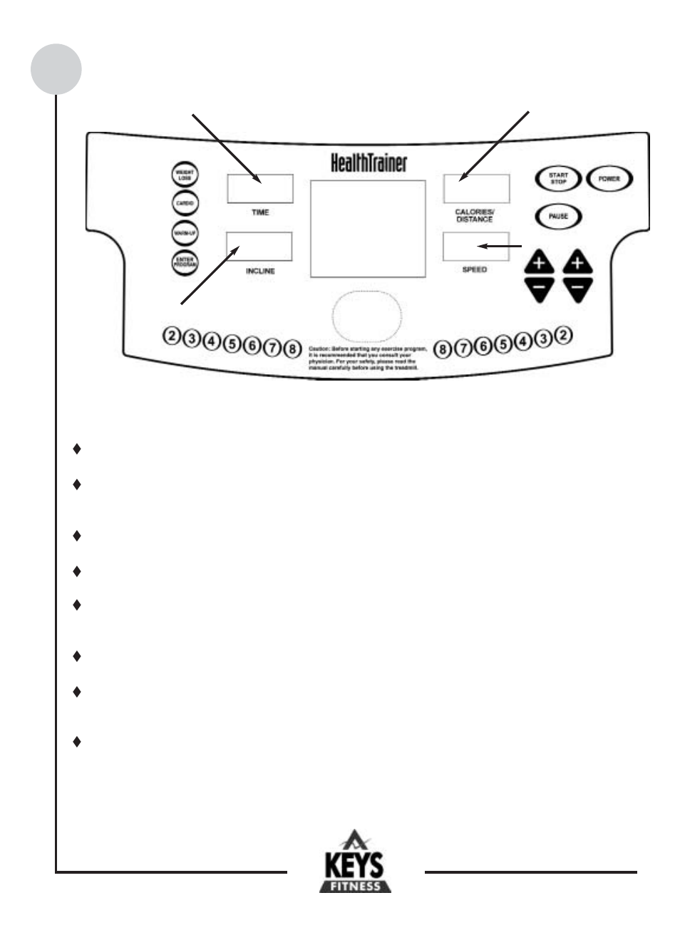 Console functions and descriptions | Keys Fitness HT601 User Manual | Page 9 / 20