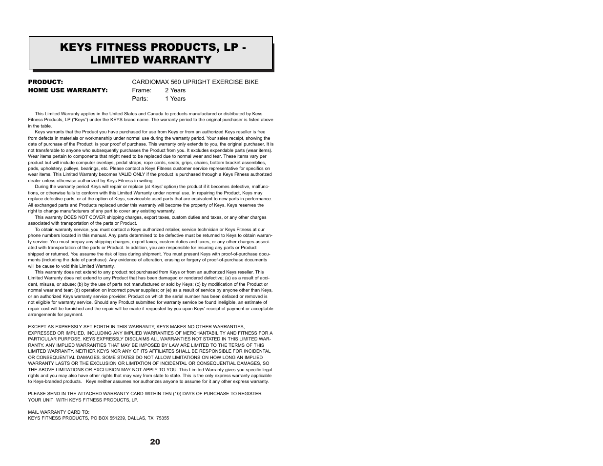 Keys fitness products, lp - limited warranty | Keys Fitness 560 User Manual | Page 12 / 12