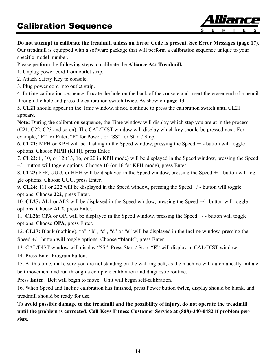 Calibration sequence | Keys Fitness A4T User Manual | Page 14 / 22