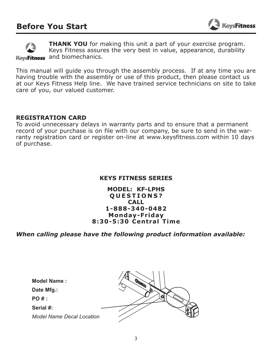 Before you start | Keys Fitness Leg Press Hack Squat KF-LPHS User Manual | Page 3 / 14