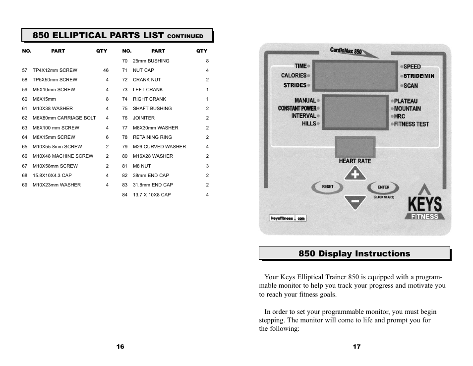 850 display instructions, 850 elliptical parts list | Keys Fitness CM850EL User Manual | Page 10 / 12