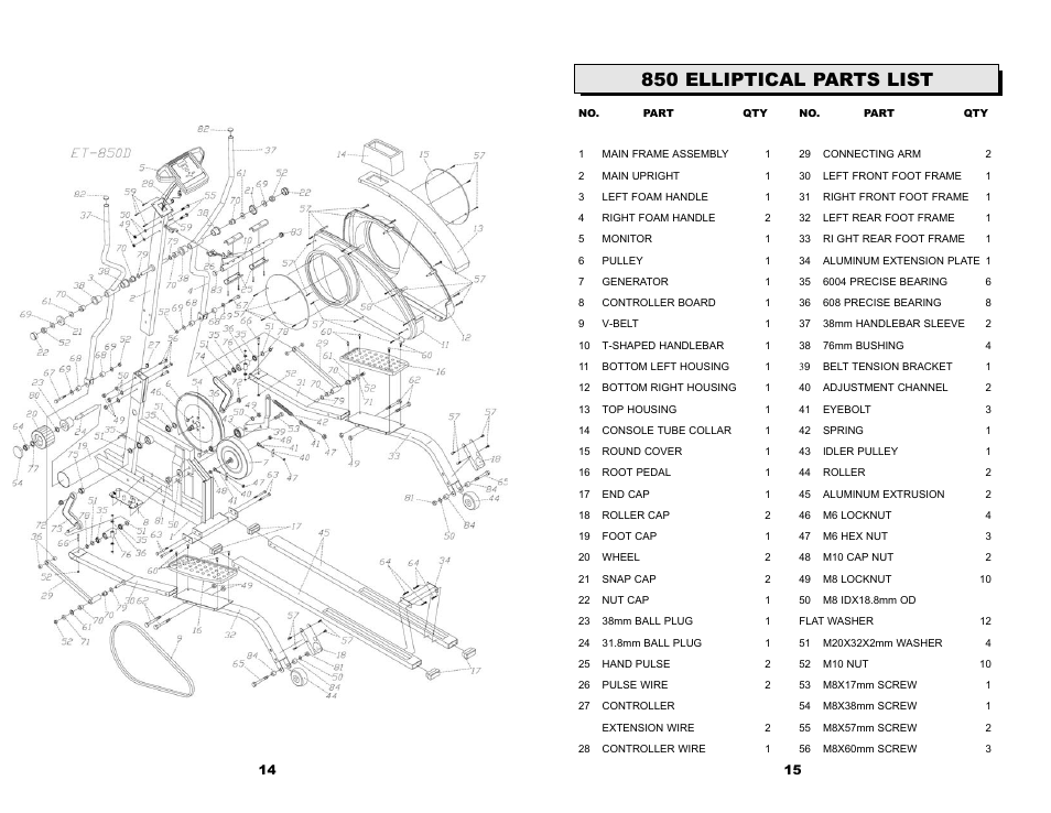 850 elliptical parts list | Keys Fitness CM850EL User Manual | Page 9 / 12