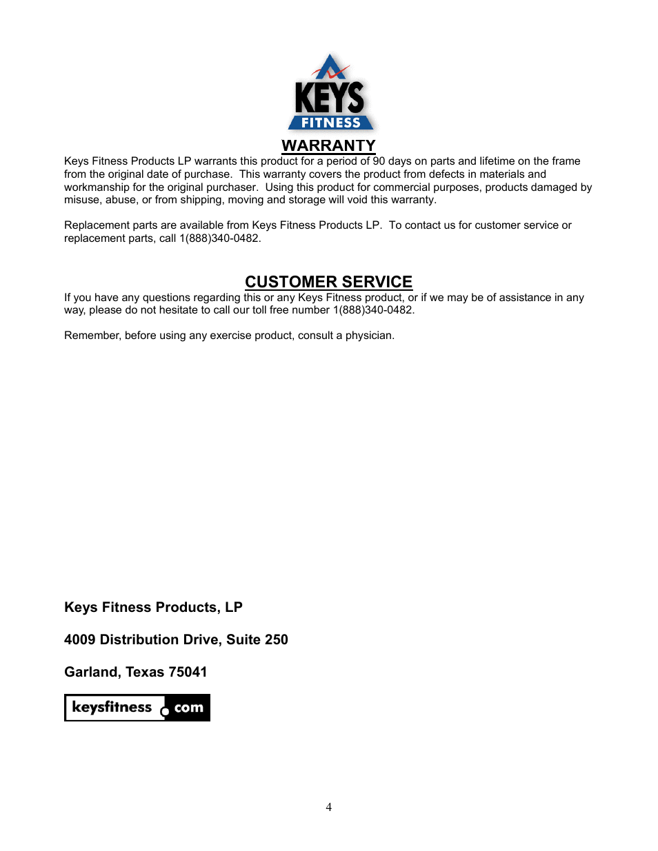 Warranty, Customer service | Keys Fitness ST-DB5 User Manual | Page 4 / 4