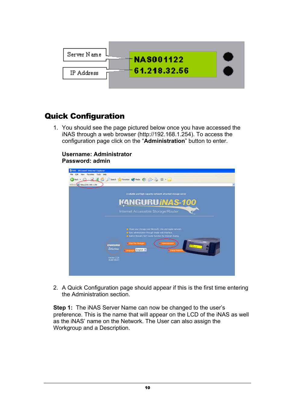 Quick configuration | Kanguru Solutions iNAS-100 User Manual | Page 10 / 59