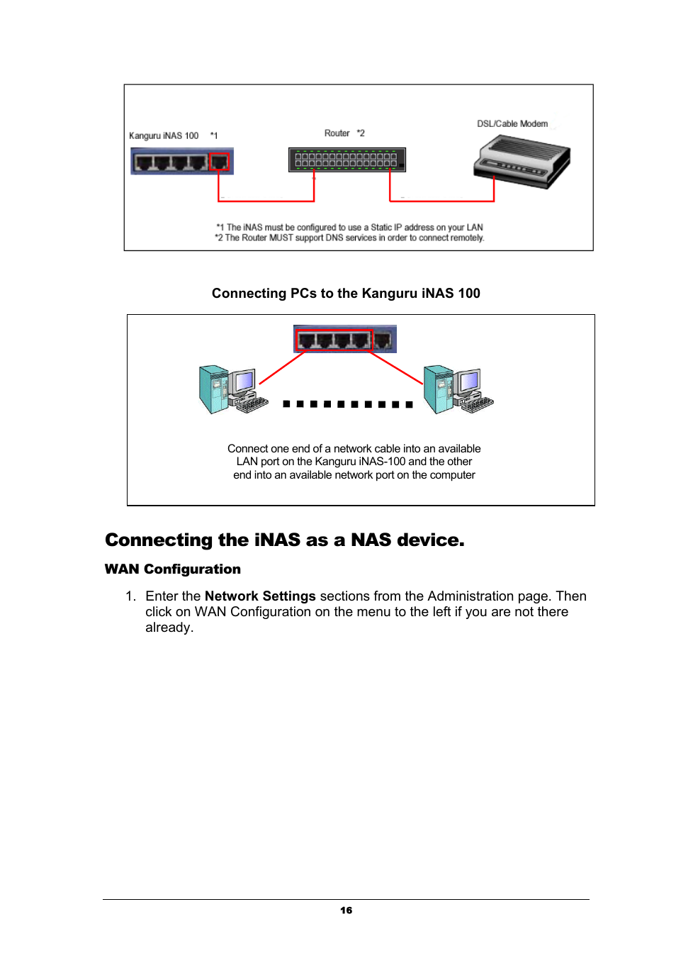 Connecting the inas as a nas device, Wan configuration | Kanguru Solutions iNAS-100 User Manual | Page 16 / 59