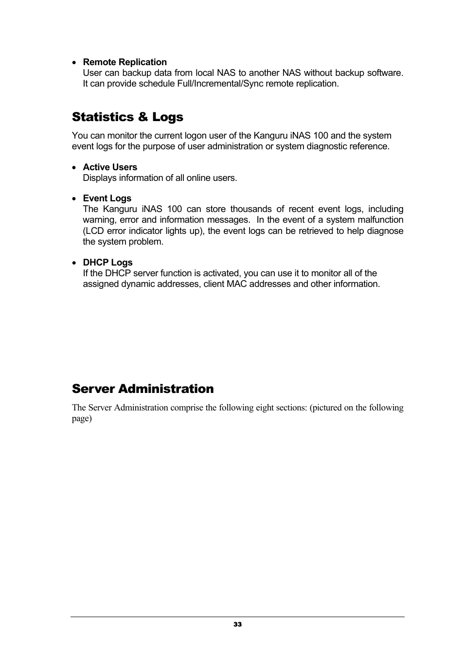 Statistics & logs, Server administration | Kanguru Solutions iNAS-100 User Manual | Page 33 / 59