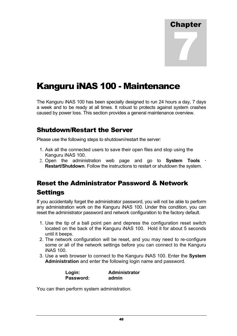 Kanguru inas 100 - maintenance, Shutdown/restart the server, Chapter | Kanguru Solutions iNAS-100 User Manual | Page 45 / 59