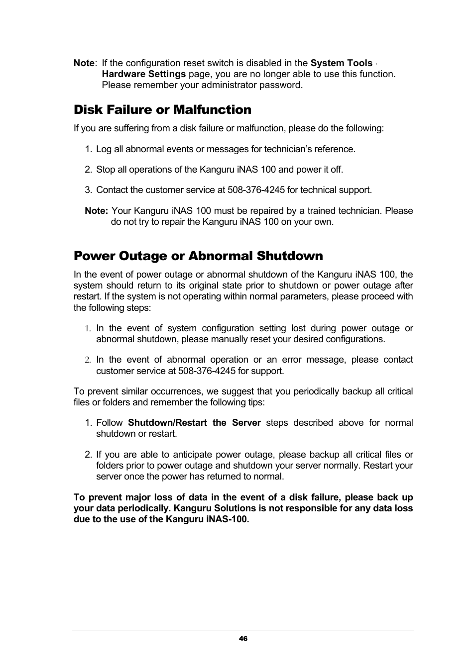 Disk failure or malfunction, Power outage or abnormal shutdown | Kanguru Solutions iNAS-100 User Manual | Page 46 / 59