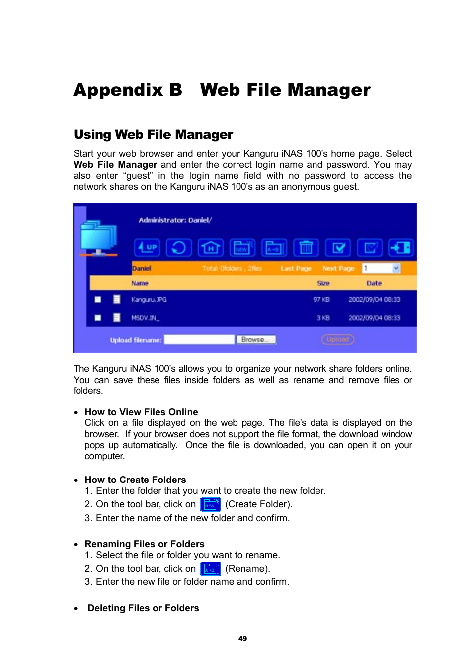 Appendix b web file manager, Using web file manager, Appendix b | Web file manager | Kanguru Solutions iNAS-100 User Manual | Page 49 / 59