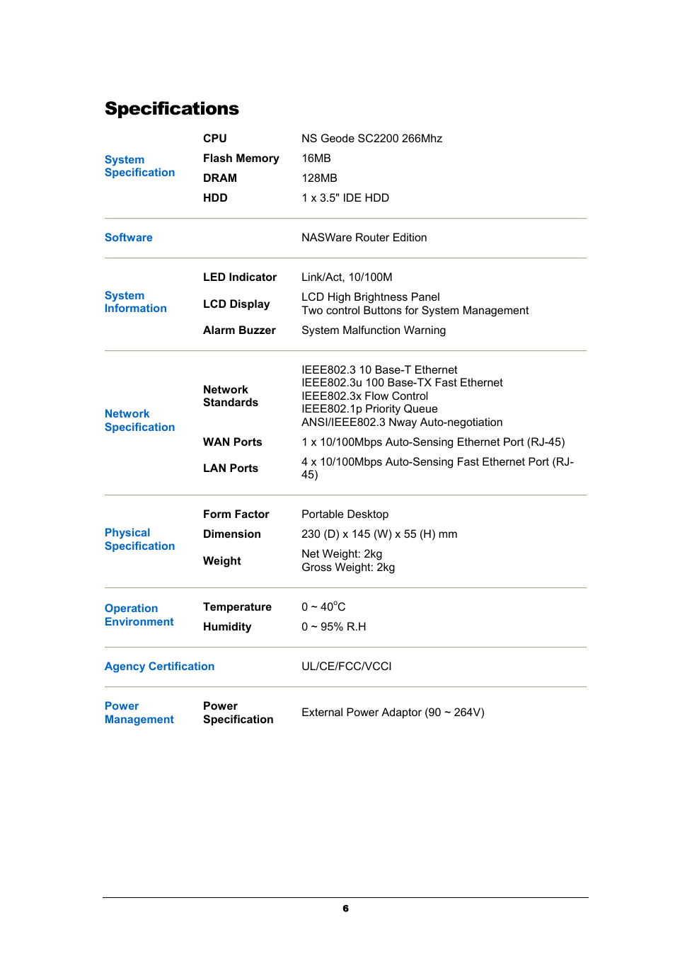 Specifications | Kanguru Solutions iNAS-100 User Manual | Page 6 / 59