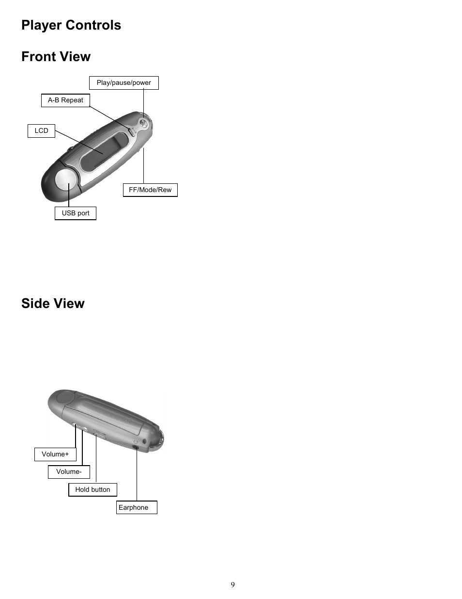 Player controls front view side view | Kanguru Solutions 1.1 User Manual | Page 9 / 22