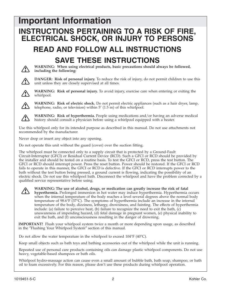 Important information | Kohler Bath Whirlpool with Neckjets K-865 User Manual | Page 2 / 56