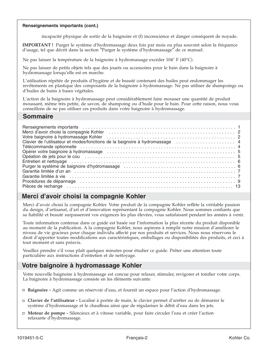 Sommaire, Merci d’avoir choisi la compagnie kohler, Votre baignoire à hydromassage kohler | Kohler Bath Whirlpool with Neckjets K-865 User Manual | Page 20 / 56