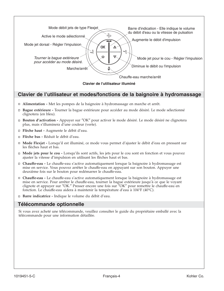 Télécommande optionnelle | Kohler Bath Whirlpool with Neckjets K-865 User Manual | Page 22 / 56
