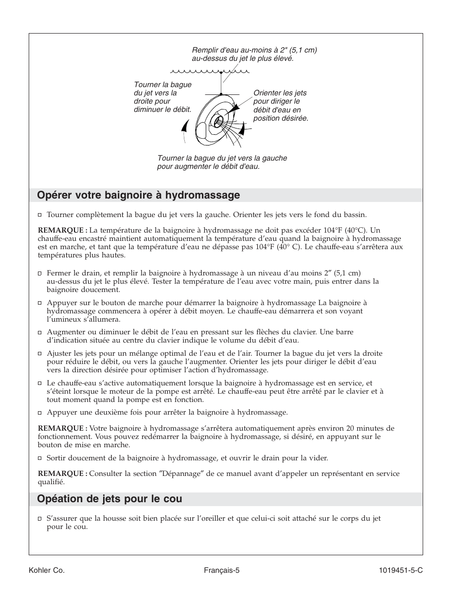 Opérer votre baignoire à hydromassage, Opéation de jets pour le cou | Kohler Bath Whirlpool with Neckjets K-865 User Manual | Page 23 / 56