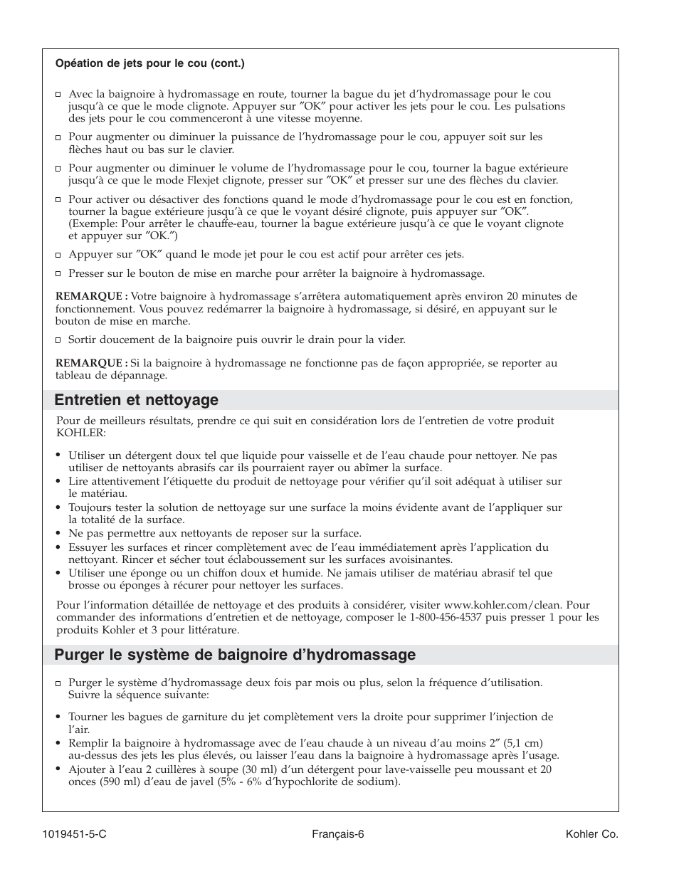 Entretien et nettoyage, Purger le système de baignoire d’hydromassage | Kohler Bath Whirlpool with Neckjets K-865 User Manual | Page 24 / 56