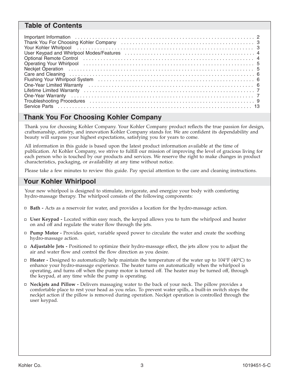 Kohler Bath Whirlpool with Neckjets K-865 User Manual | Page 3 / 56