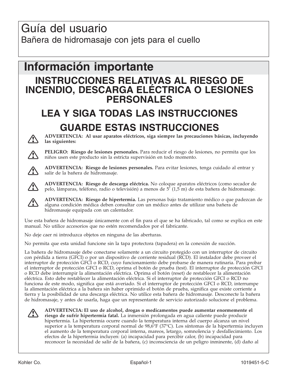 Guía del usuario, Información importante, Bañera de hidromasaje con jets para el cuello | Kohler Bath Whirlpool with Neckjets K-865 User Manual | Page 37 / 56