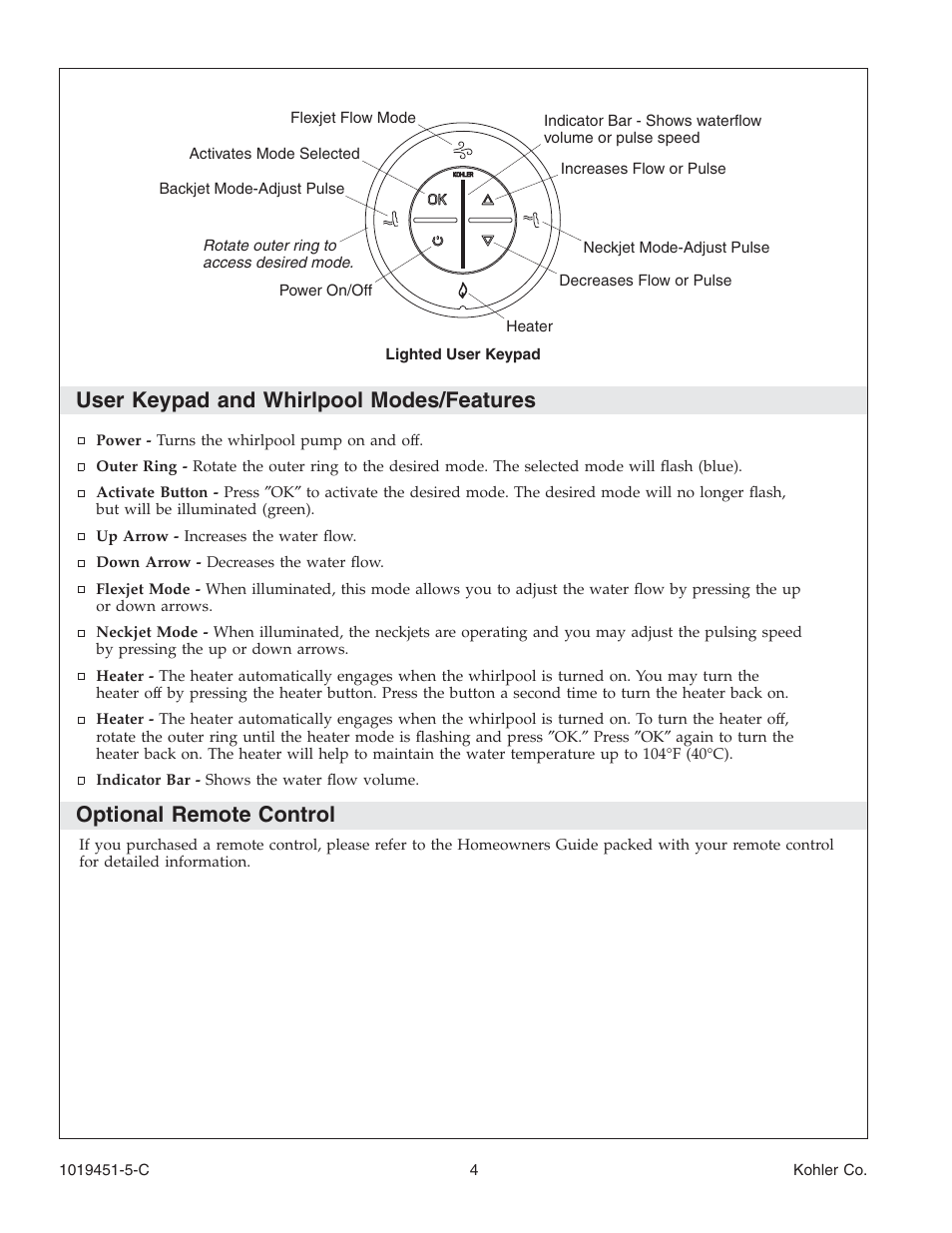 User keypad and whirlpool modes/features, Optional remote control | Kohler Bath Whirlpool with Neckjets K-865 User Manual | Page 4 / 56