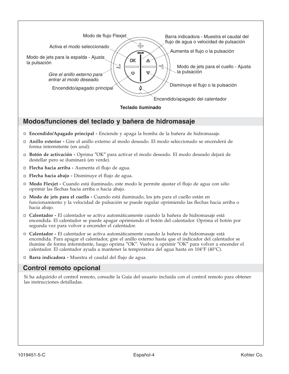 Control remoto opcional | Kohler Bath Whirlpool with Neckjets K-865 User Manual | Page 40 / 56