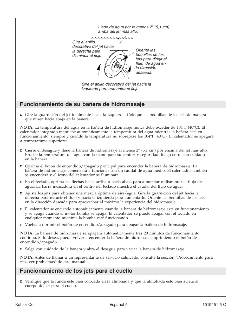 Funcionamiento de su bañera de hidromasaje, Funcionamiento de los jets para el cuello | Kohler Bath Whirlpool with Neckjets K-865 User Manual | Page 41 / 56