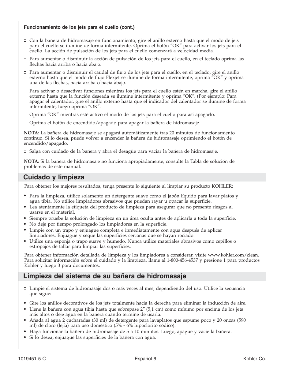 Cuidado y limpieza, Limpieza del sistema de su bañera de hidromasaje | Kohler Bath Whirlpool with Neckjets K-865 User Manual | Page 42 / 56