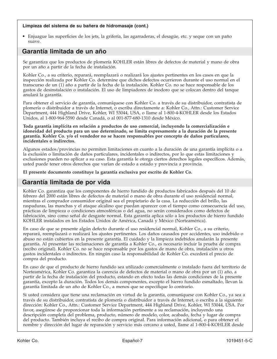 Garantía limitada de un año, Garantía limitada de por vida | Kohler Bath Whirlpool with Neckjets K-865 User Manual | Page 43 / 56