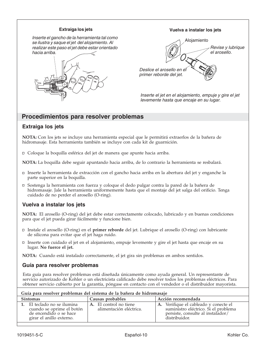 Procedimientos para resolver problemas | Kohler Bath Whirlpool with Neckjets K-865 User Manual | Page 46 / 56