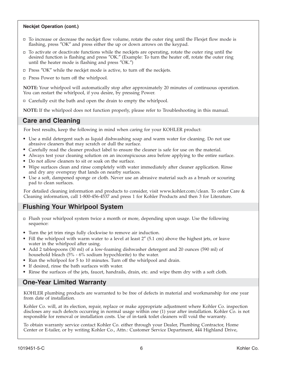 Care and cleaning, Flushing your whirlpool system, One-year limited warranty | Kohler Bath Whirlpool with Neckjets K-865 User Manual | Page 6 / 56