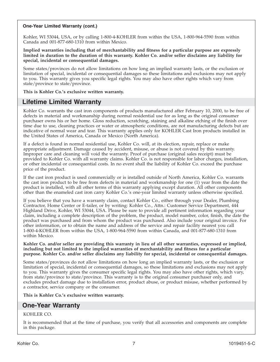 Lifetime limited warranty, One-year warranty | Kohler Bath Whirlpool with Neckjets K-865 User Manual | Page 7 / 56