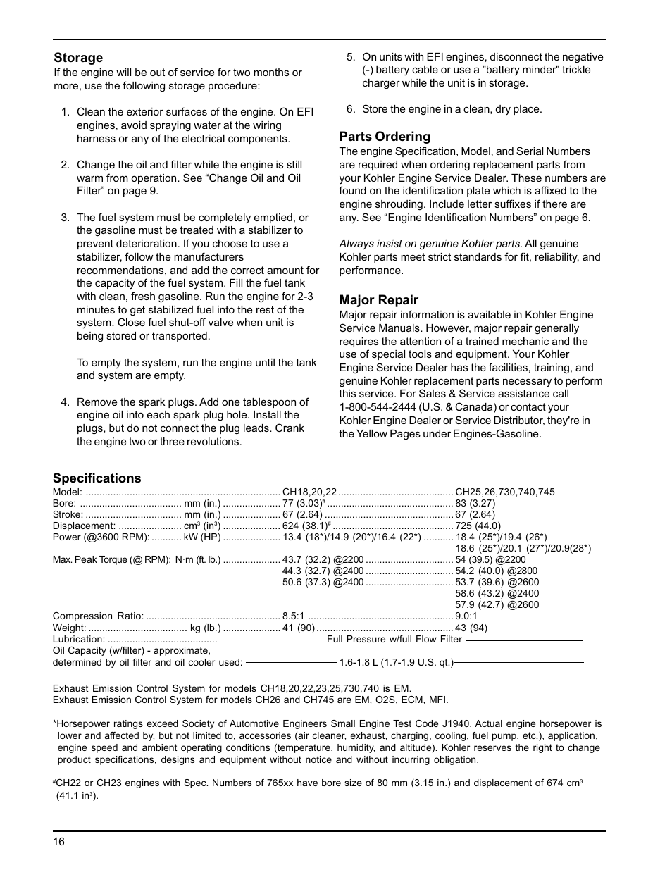 Storage, Parts ordering, Major repair | Specifications | Kohler CH18-26 User Manual | Page 16 / 19