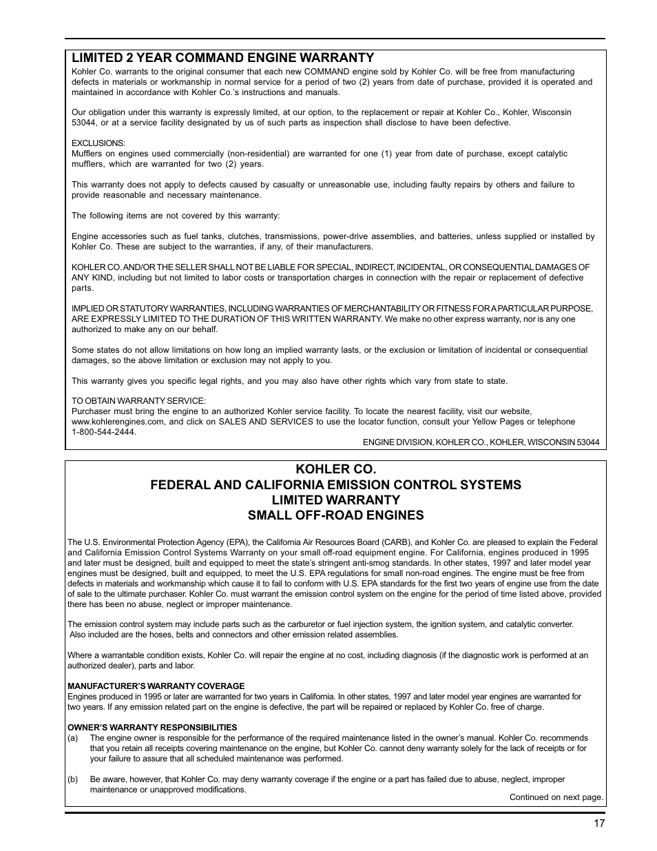 Limited 2 year command engine warranty | Kohler CH18-26 User Manual | Page 17 / 19