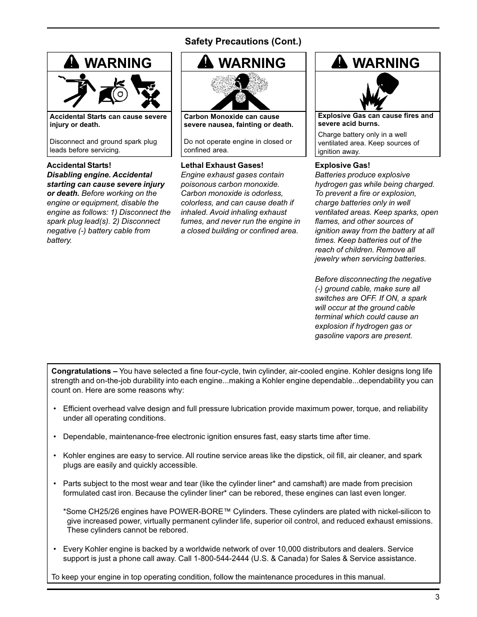 Warning | Kohler CH18-26 User Manual | Page 3 / 19