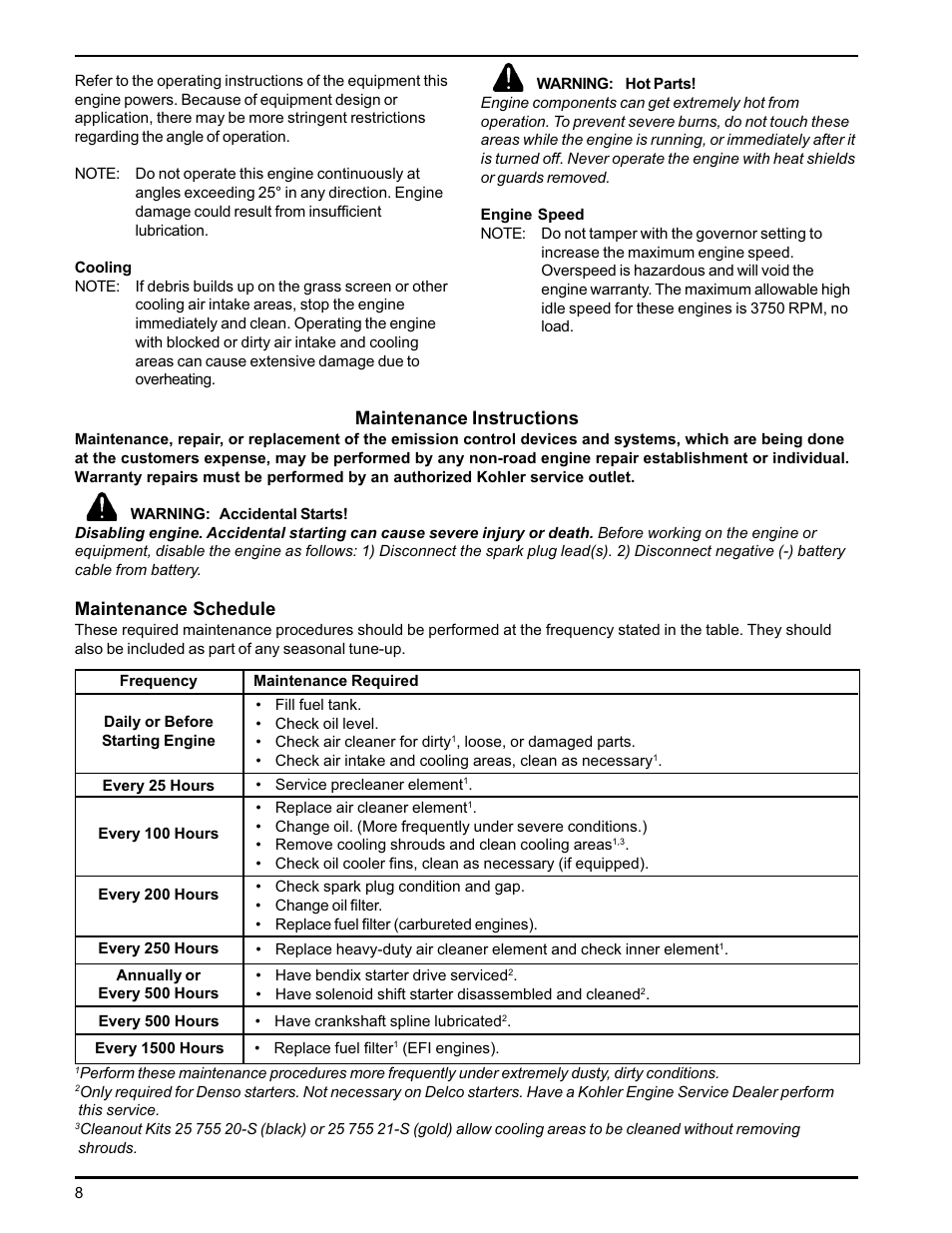 Maintenance instructions, Maintenance schedule | Kohler CH18-26 User Manual | Page 8 / 19