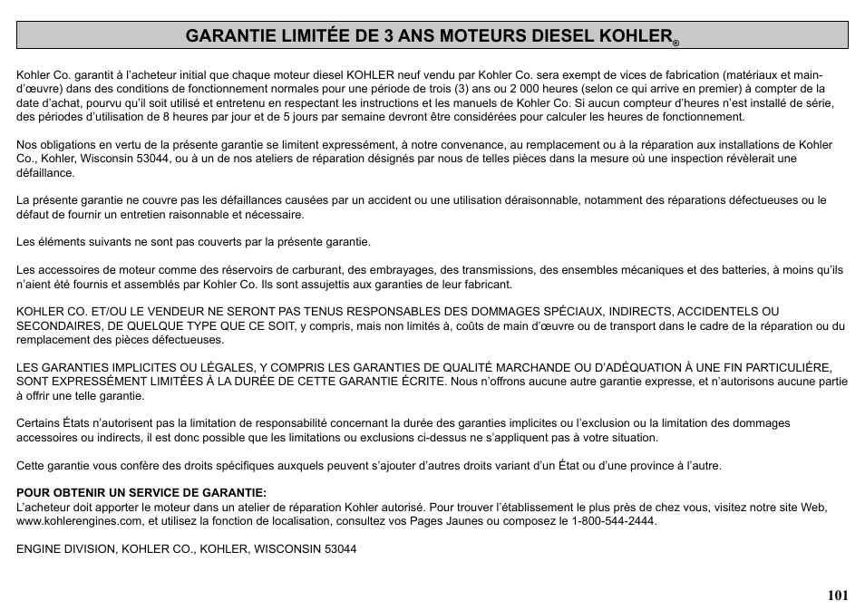 Garantie limitée de 3 ans moteurs diesel kohler | Kohler KD477-2 User Manual | Page 101 / 120