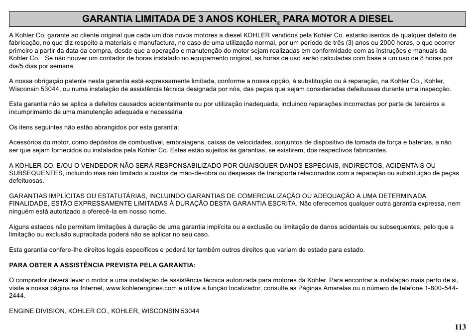 Garantia limitada de 3 anos kohler, Para motor a diesel | Kohler KD477-2 User Manual | Page 113 / 120