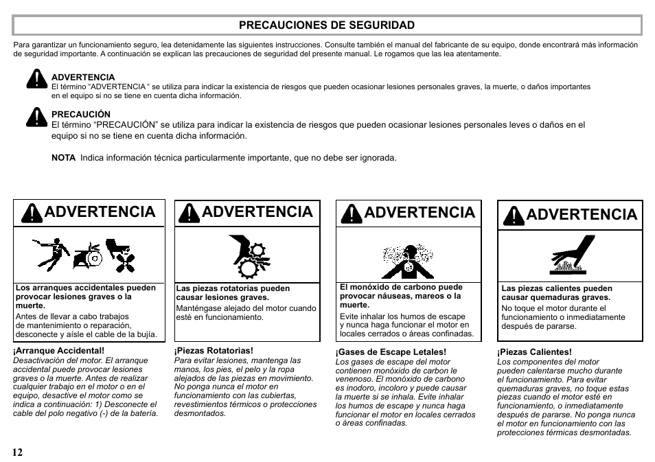 Advertencia | Kohler KD477-2 User Manual | Page 12 / 120