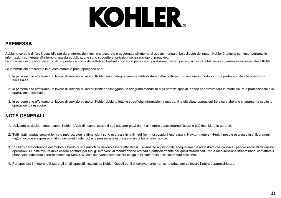 21 premessa | Kohler KD477-2 User Manual | Page 21 / 120