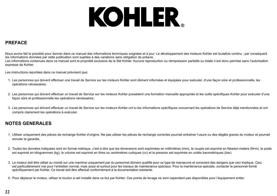22 preface | Kohler KD477-2 User Manual | Page 22 / 120