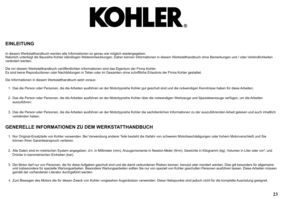 23 einleitung, Generelle informationen zu dem werkstatthandbuch | Kohler KD477-2 User Manual | Page 23 / 120