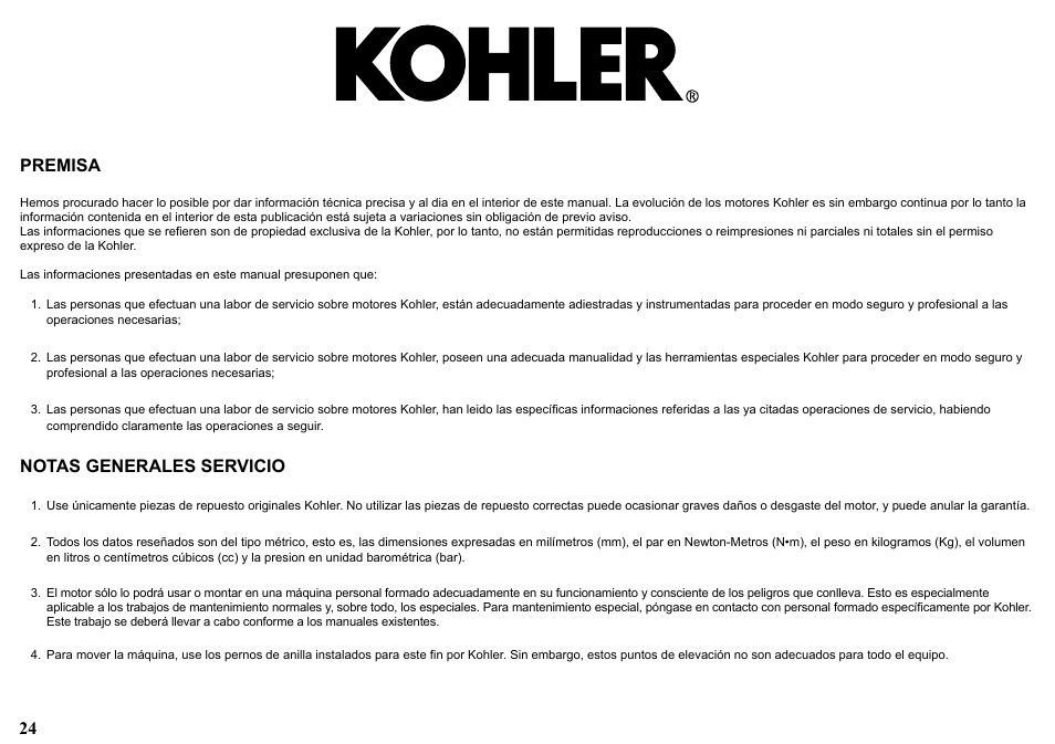 24 premisa, Notas generales servicio | Kohler KD477-2 User Manual | Page 24 / 120