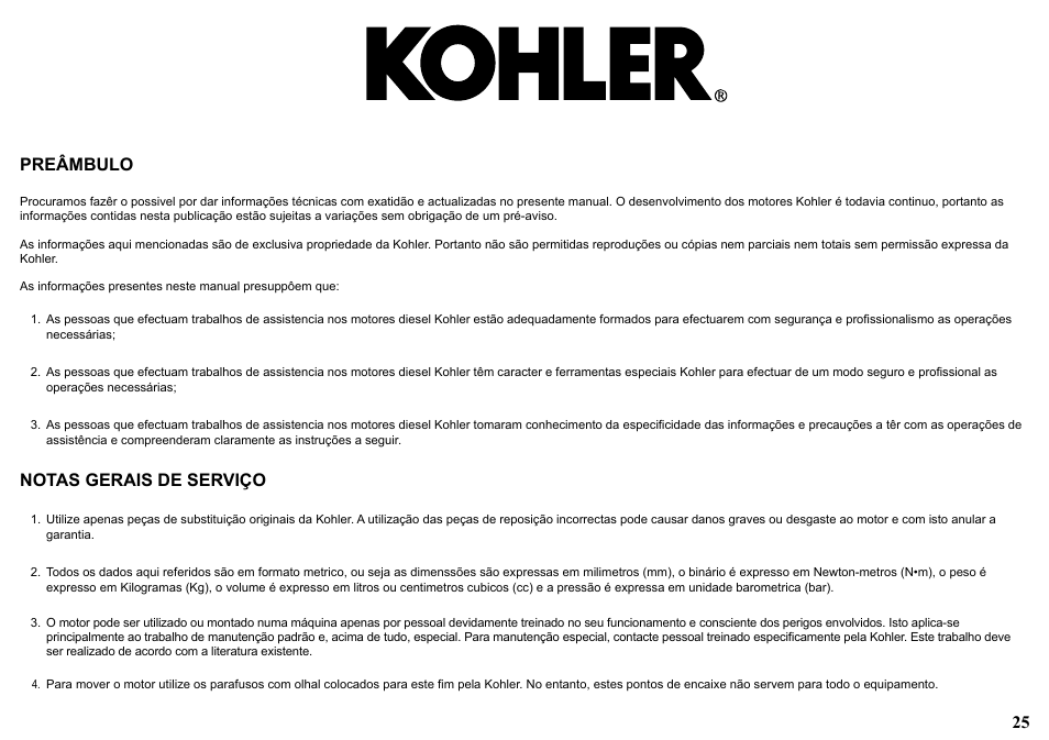 25 preâmbulo, Notas gerais de serviço | Kohler KD477-2 User Manual | Page 25 / 120