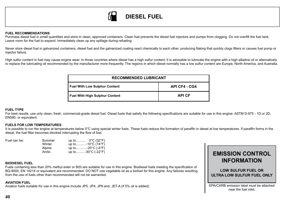 Diesel fuel, Emission control information | Kohler KD477-2 User Manual | Page 40 / 120