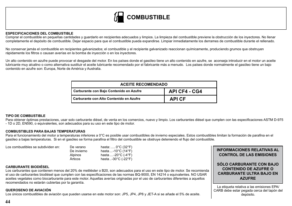 Combustible, Api cf, Api cf4 - cg4 | Kohler KD477-2 User Manual | Page 44 / 120