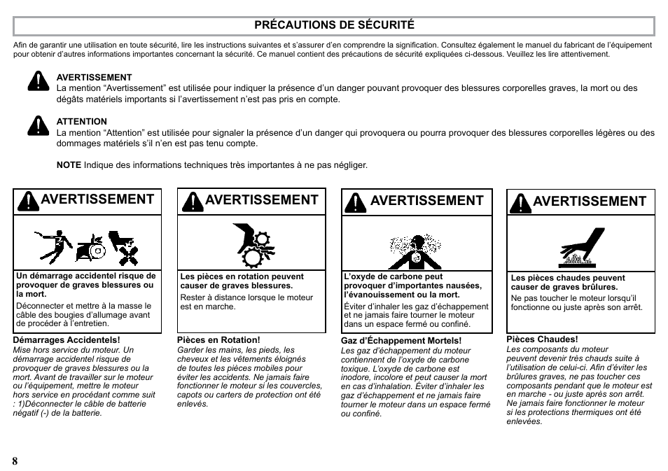 Avertissement, 8précautions de sécurité | Kohler KD477-2 User Manual | Page 8 / 120