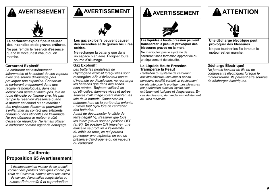 Attention, Avertissement, Californie proposition 65 avertissement | Kohler KD477-2 User Manual | Page 9 / 120